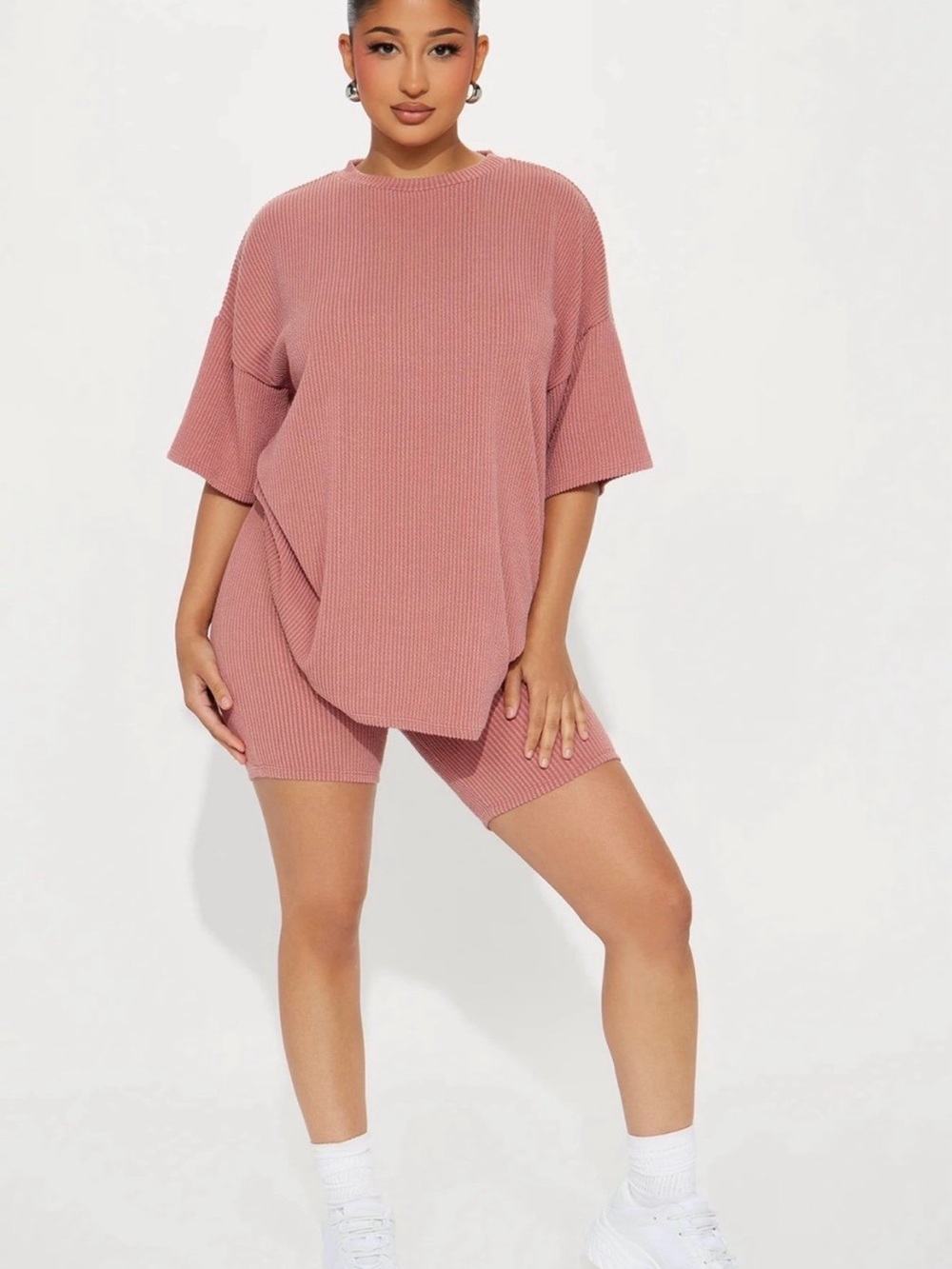 Fashion Nova Ribbed Lounge Set in Dusty Rose